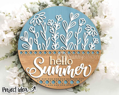 Hello Summer Wildflowers Rattan Pattern Sign, Digital Download, SVG Laser Cut File, Cricut, Round Door Hanger Design