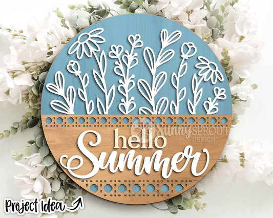 Hello Summer Wildflowers Rattan Pattern Sign, Digital Download, SVG Laser Cut File, Cricut, Round Door Hanger Design