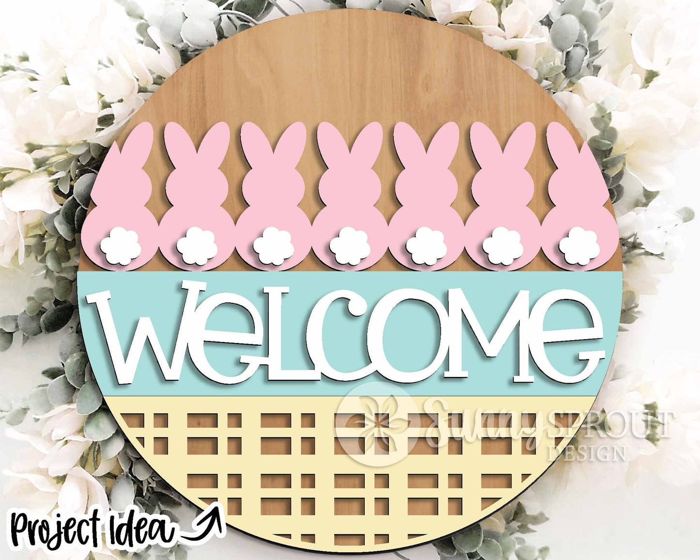 Welcome Bunny Tail Sign, Digital download, SVG laser cut file, Cricut, Round door hanger design, Spring Easter decor