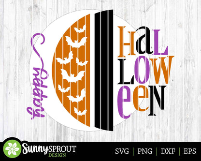 Happy Halloween Vertical Bat Pattern Sign, Digital Download, SVG Laser Cut File, Cricut, Round Fall Door Hanger Design