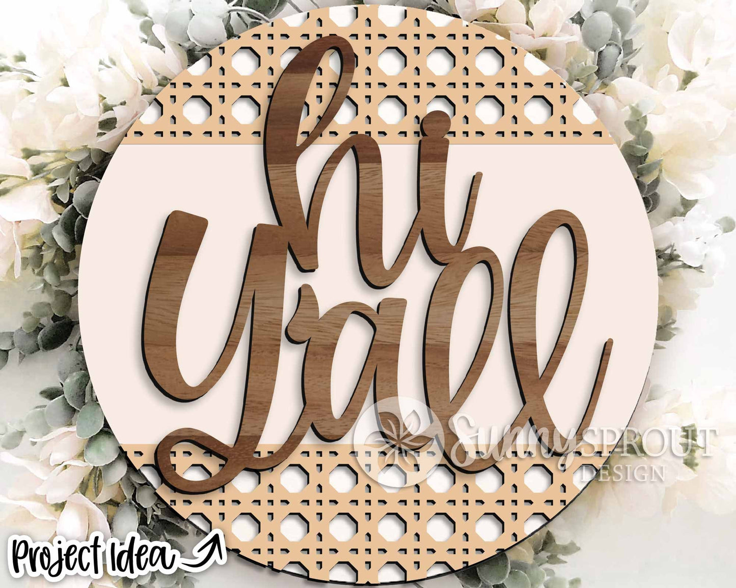 Hi Y'all Rattan Sign, Digital Download, SVG Laser Cut File, Cricut, Modern Farmhouse Round Door Hanger Design