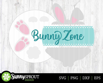Bunny Zone Ears and Tail Sign, Digital download, SVG Laser cut file, Cricut, Round door hanger design, Easter decor