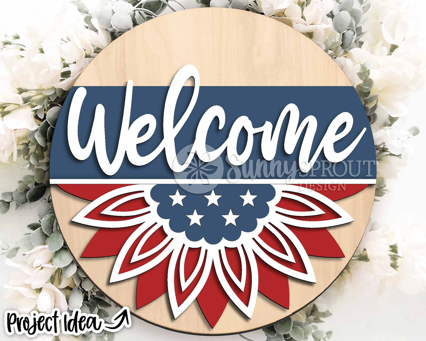 4th of July Sunflower Welcome Sign, Digital Download, SVG Laser Cut File, Cricut, Round Door Hanger Design, Patriotic 4th of July Decor