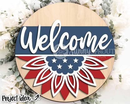 4th of July Sunflower Welcome Sign, Digital Download, SVG Laser Cut File, Cricut, Round Door Hanger Design, Patriotic 4th of July Decor