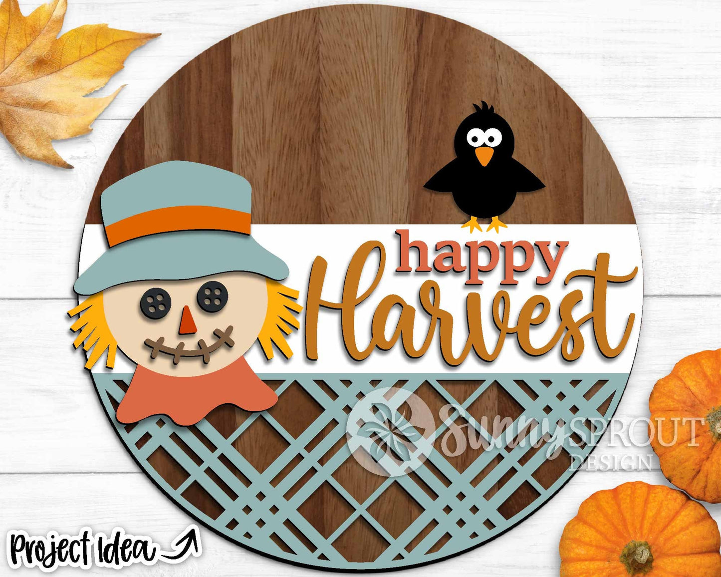 Happy Harvest Scarecrow Sign, Digital Download, SVG Laser Cut File, Cricut, Round Fall Door Hanger Design, Farm Decor