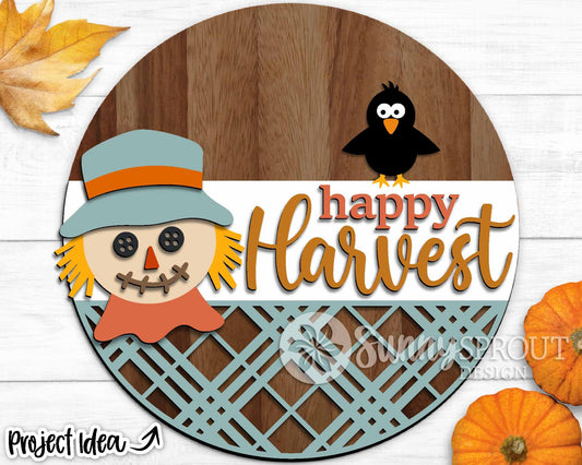 Happy Harvest Scarecrow Sign, Digital Download, SVG Laser Cut File, Cricut, Round Fall Door Hanger Design, Farm Decor