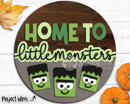 Home to Little Monsters Sign, Digital Download, SVG Laser Cut File, Cricut, Round Cute Kids Halloween Door Hanger Design