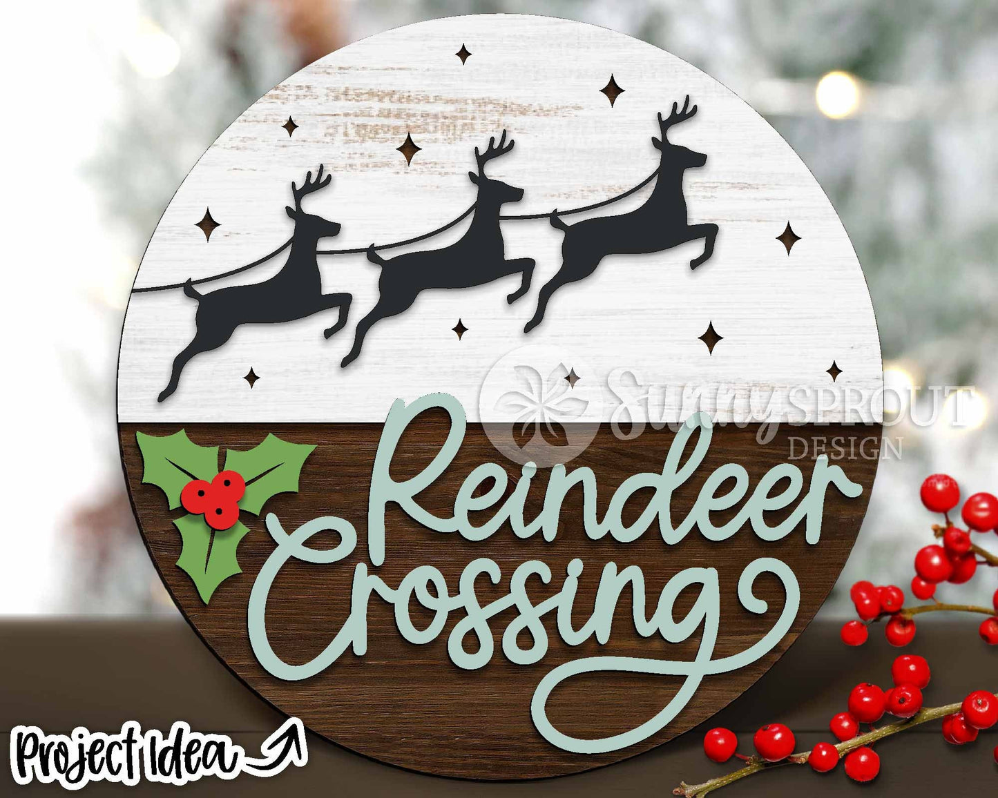 Reindeer Crossing Sign, Digital Download, SVG Laser Cut File, Cricut, Round Door Hanger Design, Santa Christmas Decor