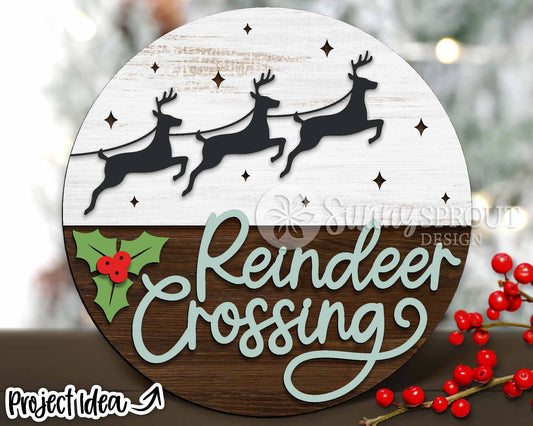 Reindeer Crossing Sign, Digital Download, SVG Laser Cut File, Cricut, Round Door Hanger Design, Santa Christmas Decor