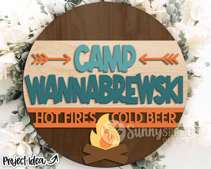 Camp Wannabrewski Campfire Sign, Digital download, SVG Laser cut file, Cricut, Round door hanger design, Funny camping cabin decor