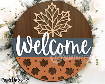 Welcome Maple Leaf Sign, Digital Download, SVG Laser Cut File, Cricut, Round Fall Door Hanger Design