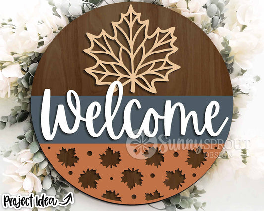 Welcome Maple Leaf Sign, Digital Download, SVG Laser Cut File, Cricut, Round Fall Door Hanger Design