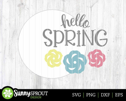 Hello Spring Flowers Sign, Digital download, SVG Laser cut file, Cricut, Round door hanger design