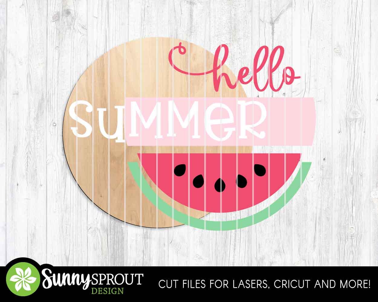 Hello Summer Watermelon Sign, Digital Download, SVG Laser Cut File, Cricut, Round Door Hanger Design