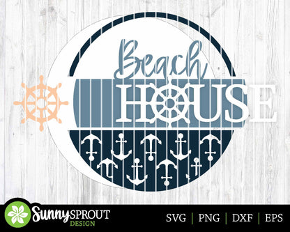 Beach House Nautical Anchor Sign, Digital download, SVG Laser cut file, Cricut, Round door hanger design, Ocean coastal decor