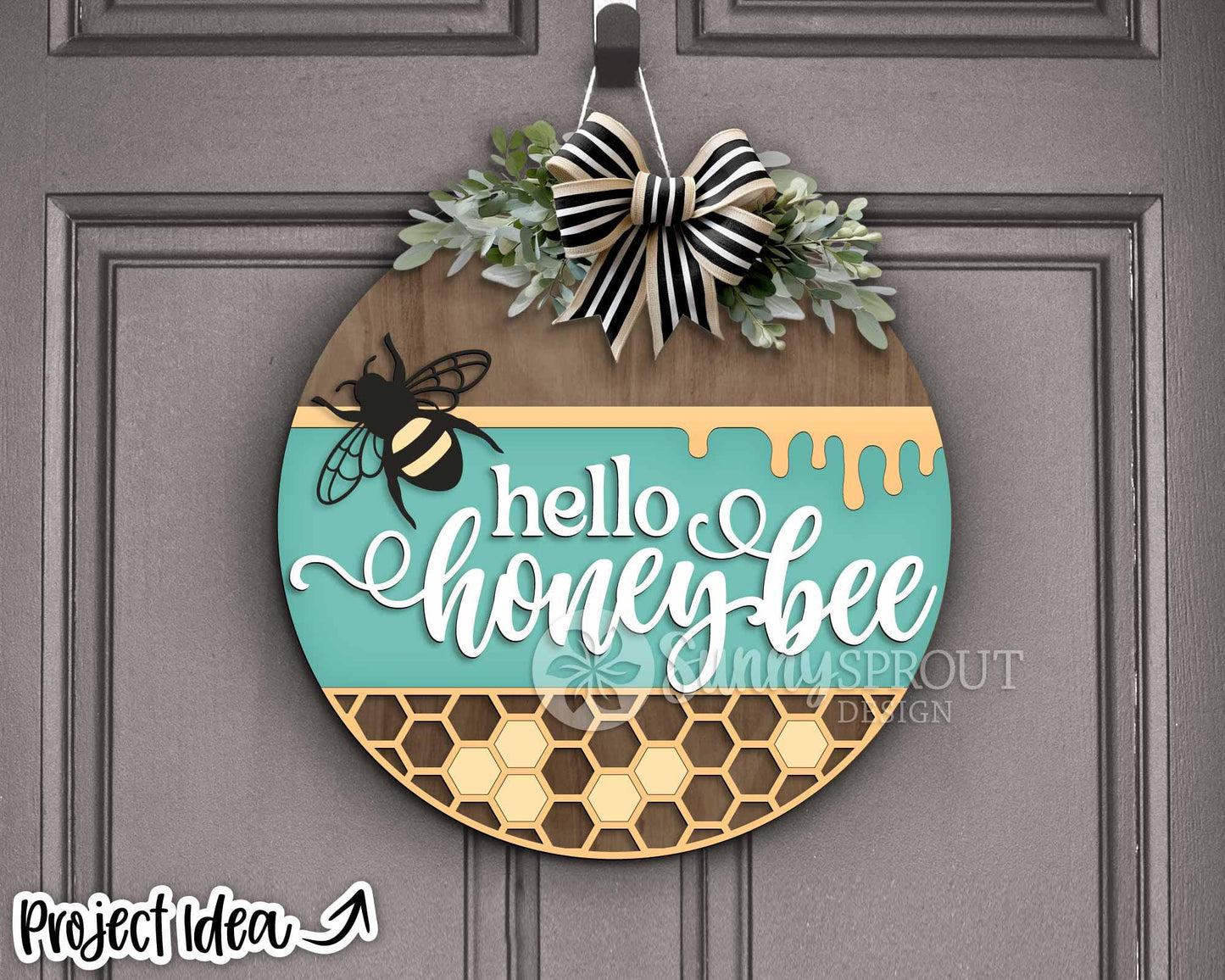 Hello Honey Bee Honeycomb Sign, Digital Download, SVG Laser Cut File, Cricut, Summer Round Door Hanger Design