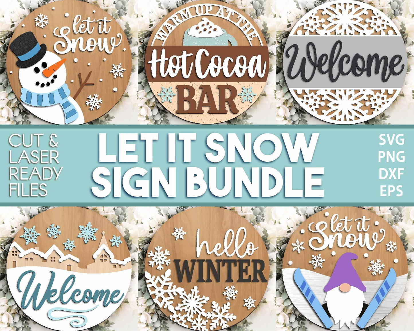 Winter Laser Sign Bundle, Round door hanger, Glowforge laser file, Cricut cut file, Holiday welcome sign svg, Let it Snow