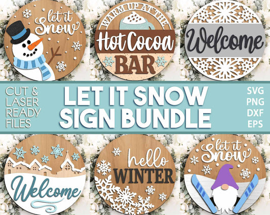 Winter Laser Sign Bundle, Round door hanger, Glowforge laser file, Cricut cut file, Holiday welcome sign svg, Let it Snow