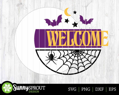 Welcome Spider Web Bats Sign, Digital Download, SVG Laser Cut File, Cricut, Round Halloween Door Hanger Design
