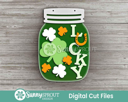 Lucky Horse Shoe Clovers Mason Jar Sign, Digital Download, SVG Laser Cut File, Door Hanger Design, St. Patrick's Day Decor