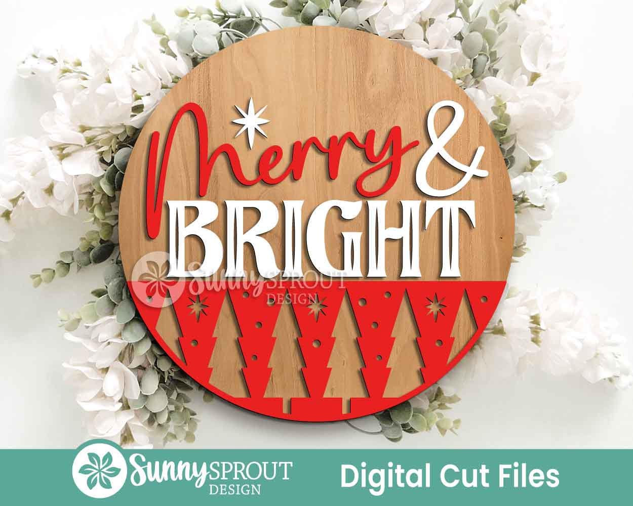 Merry & Bright Tree Star Pattern Sign, Digital Download, SVG Laser Cut File, Cricut, Round Door Hanger Design, Modern Christmas Decor