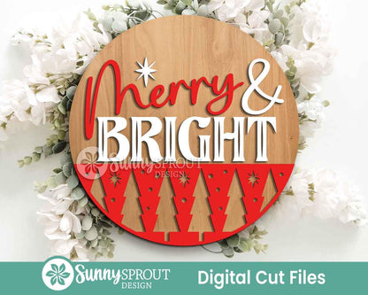 Merry & Bright Tree Star Pattern Sign, Digital Download, SVG Laser Cut File, Cricut, Round Door Hanger Design, Modern Christmas Decor