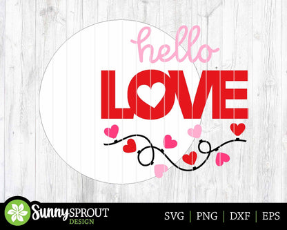 Hello Love Heart String Light Welcome Sign, Digital Download, SVG Laser Cut File, Cricut, Round Door Hanger Design, Valentine's Day Decor