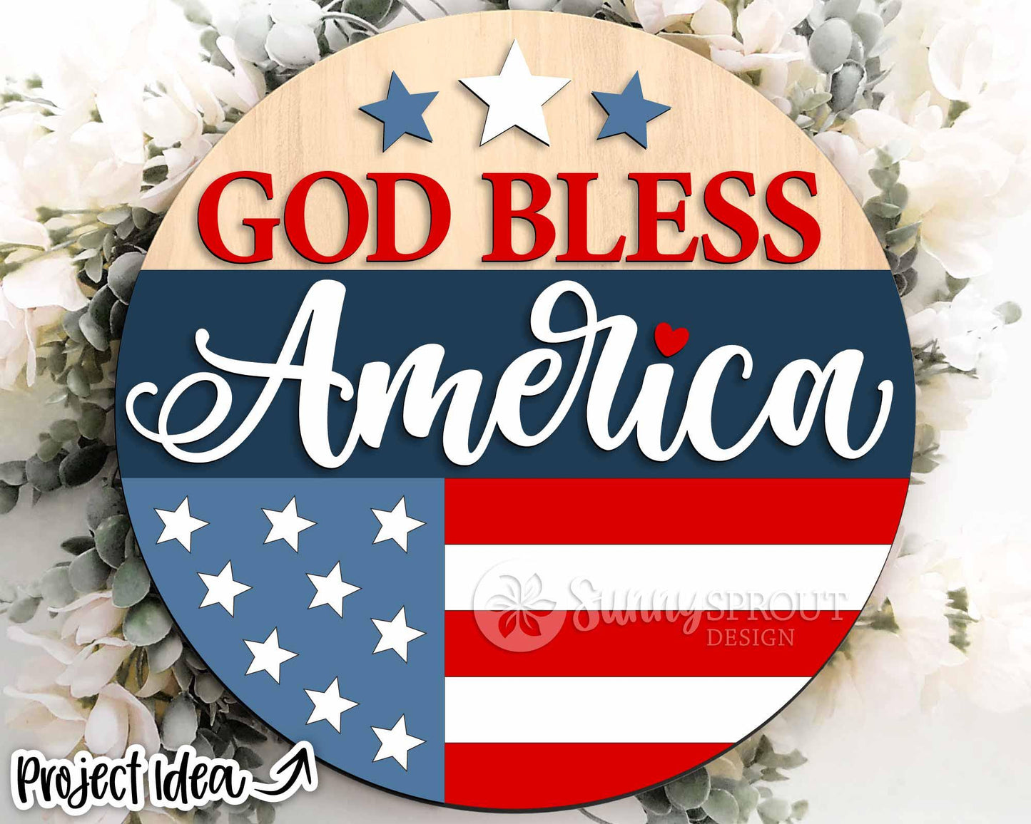 God Bless America Flag Sign, Digital Download, SVG Laser Cut File, Cricut, Round Door Hanger Design, Patriotic 4th of July Decor