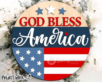 God Bless America Flag Sign, Digital Download, SVG Laser Cut File, Cricut, Round Door Hanger Design, Patriotic 4th of July Decor