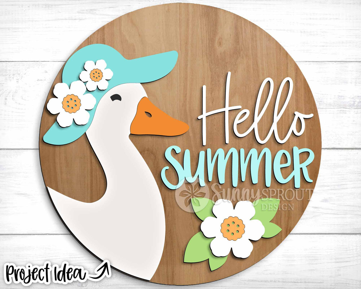 Hello Summer Goose Hat Flowers Sign, Digital Download, SVG Laser Cut File, Cricut, Round Door Hanger Design