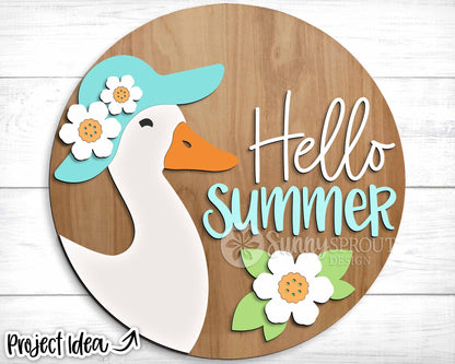 Hello Summer Goose Hat Flowers Sign, Digital Download, SVG Laser Cut File, Cricut, Round Door Hanger Design