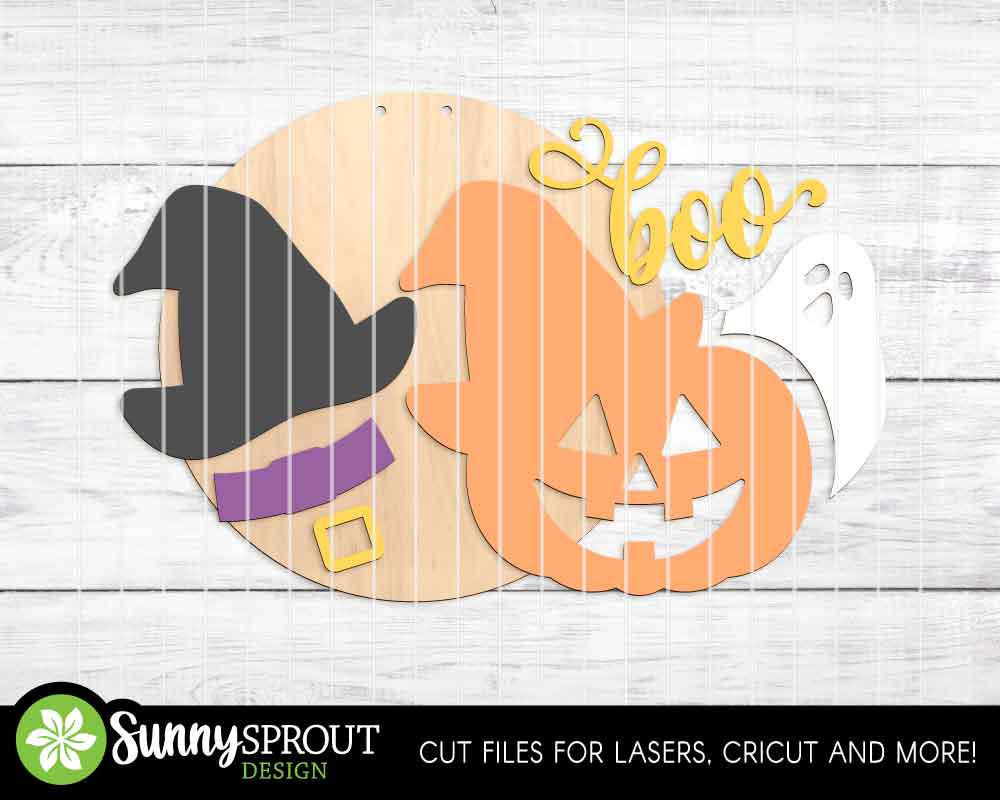 Boo Jack-o-lantern Ghost Witch Hat Sign, Digital Download, SVG Laser Cut File, Cricut, Round Halloween Door Hanger Design