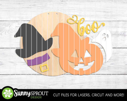 Boo Jack-o-lantern Ghost Witch Hat Sign, Digital Download, SVG Laser Cut File, Cricut, Round Halloween Door Hanger Design