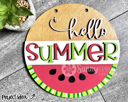 Hello Summer Watermelon Sign, Digital Download, SVG Laser Cut File, Cricut, Round Door Hanger Design