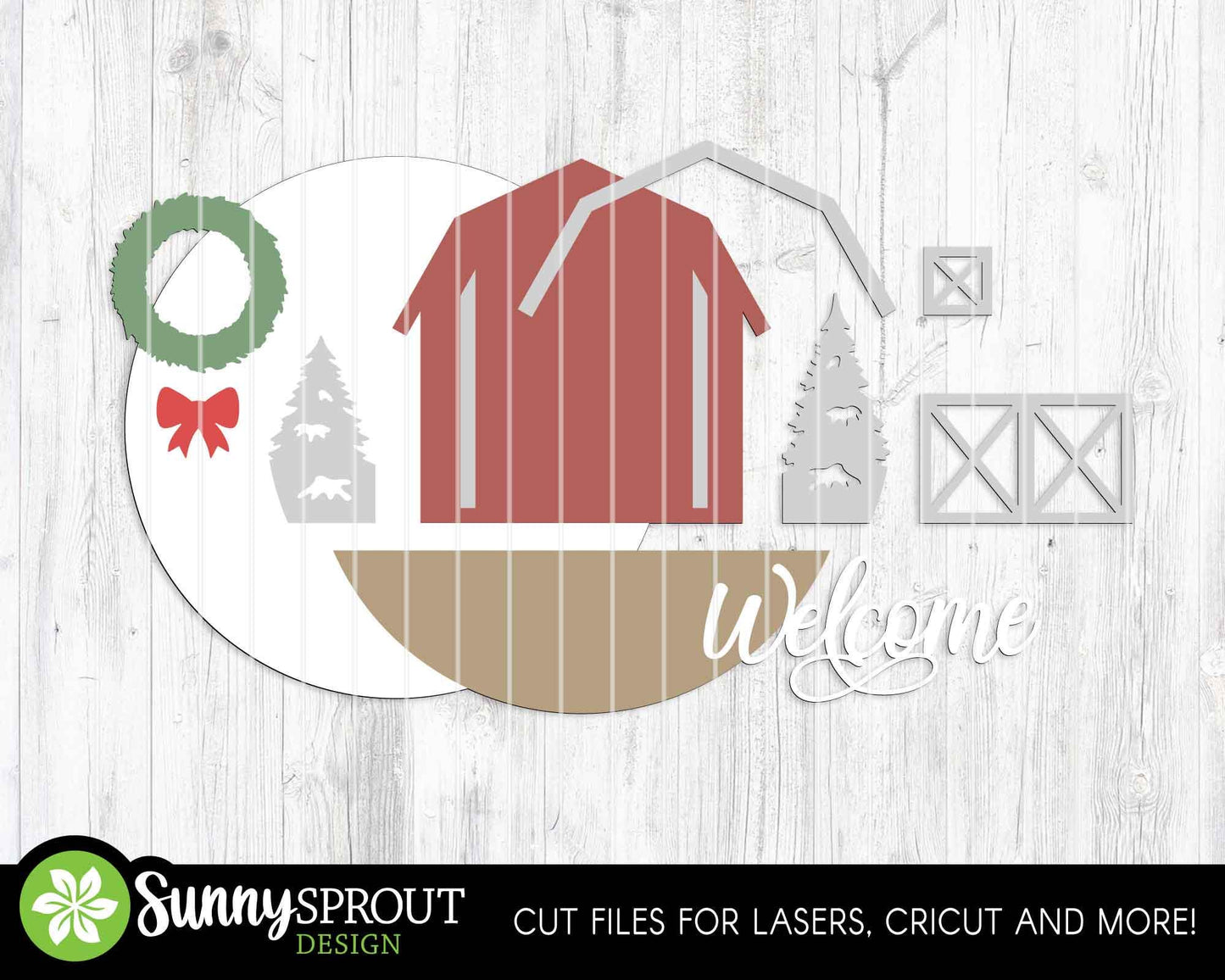 Welcome Barn Wreath Tree Sign, Digital Download, SVG Laser Cut File, Cricut, Round Door Hanger Design, Farmhouse Christmas Decor