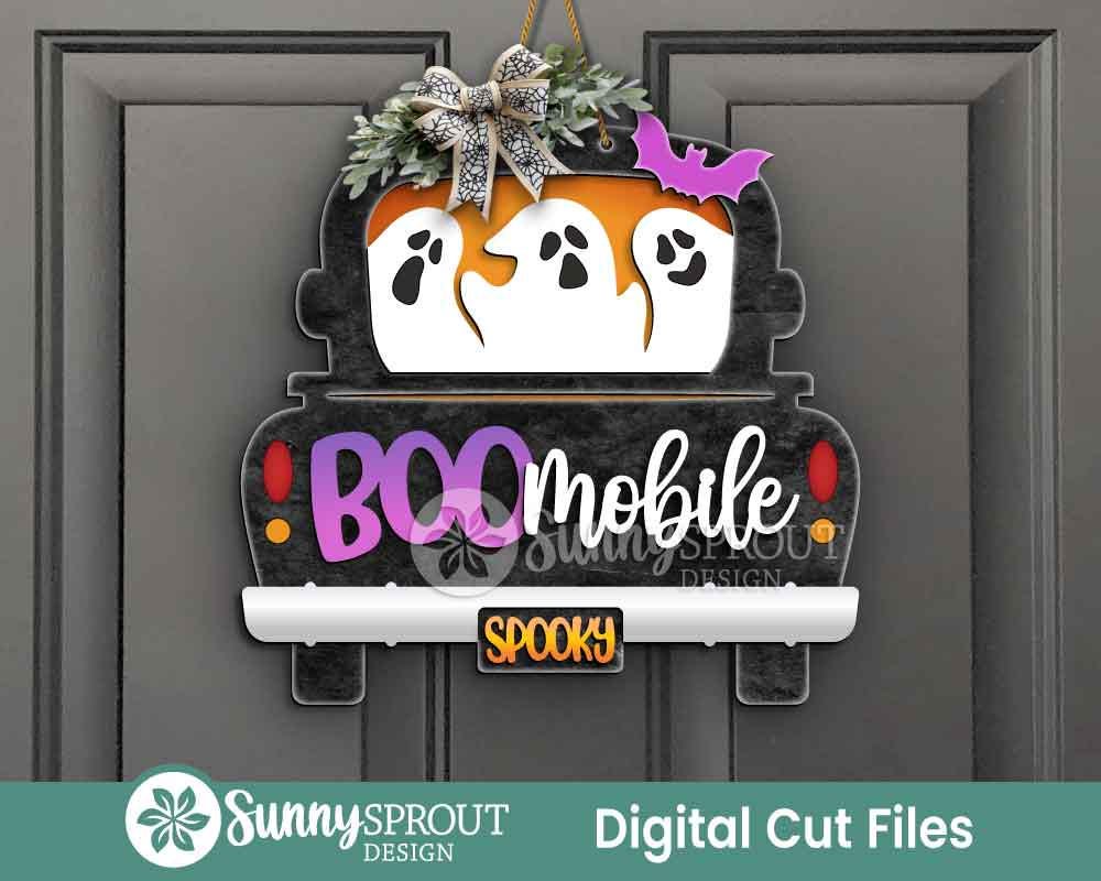 Boo-mobile Ghost Truck Sign, Digital Download, SVG Laser Cut File, Cricut, Farmhouse Halloween Door Hanger Design