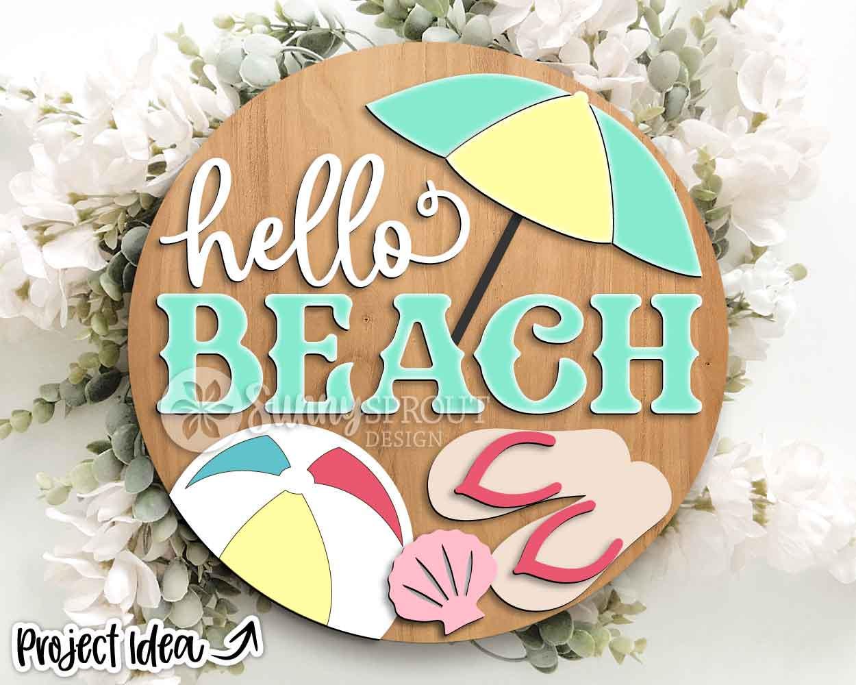 Hello Beach Umbrella Beachball Sign, Digital download, SVG laser cut file, Cricut, Round door hanger design, Ocean coastal decor