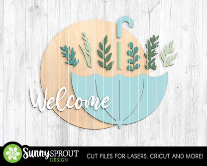 Welcome Upside Down Umbrella Sign, Digital download, SVG Laser cut file, Cricut, Round door hanger design, Spring Easter decor