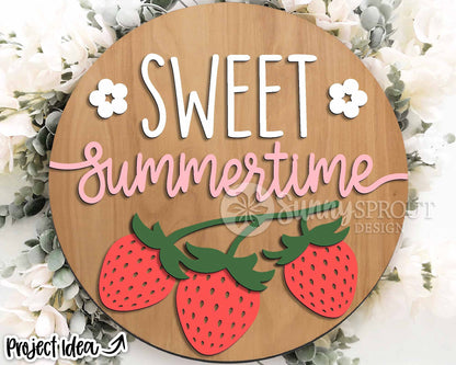 Sweet Summertime Strawberry Sign, Digital Download, SVG Laser Cut File, Cricut, Summer Round Door Hanger Design