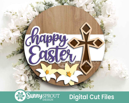 Happy Easter Cross & Lilies Sign, Digital download, SVG Laser cut file, Cricut, Round door hanger design, Christian Easter decor