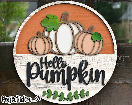 Hello Pumpkin Three Pumpkins Sign, Digital Download, SVG Laser Cut File, Cricut, Round Fall Door Hanger Design