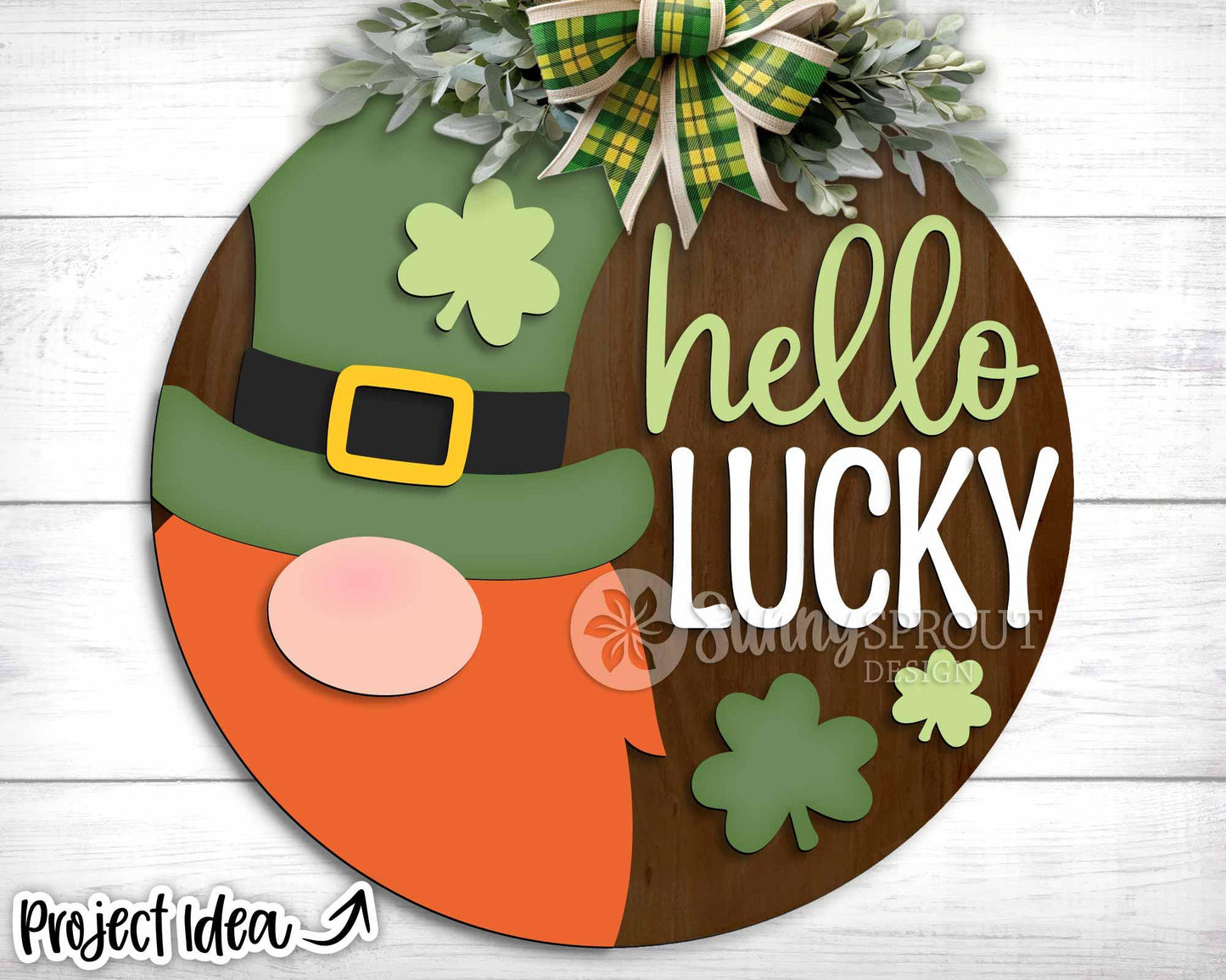 Hello Lucky Leprechaun Gnome Sign, Digital Download, SVG Laser Cut File, Cricut, Round Door Hanger Design, St. Patrick's Day Decor