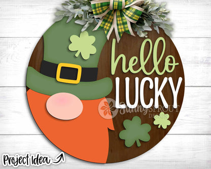 Hello Lucky Leprechaun Gnome Sign, Digital Download, SVG Laser Cut File, Cricut, Round Door Hanger Design, St. Patrick's Day Decor