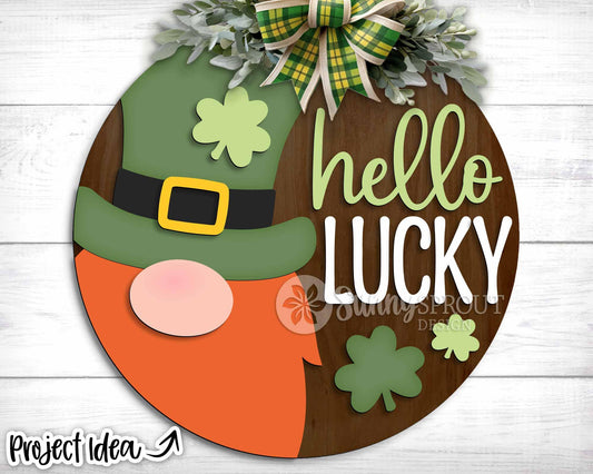 Hello Lucky Leprechaun Gnome Sign, Digital Download, SVG Laser Cut File, Cricut, Round Door Hanger Design, St. Patrick's Day Decor