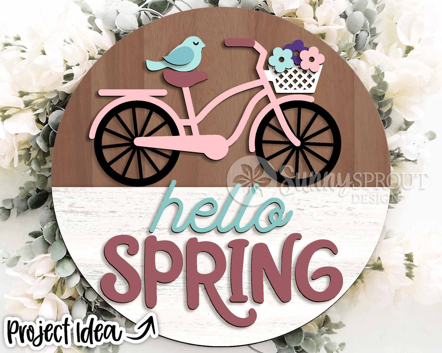Hello Spring Bicycle Bird Flower Sign, Digital download, SVG Laser cut file, Cricut, Round door hanger design