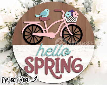 Hello Spring Bicycle Bird Flower Sign, Digital download, SVG Laser cut file, Cricut, Round door hanger design