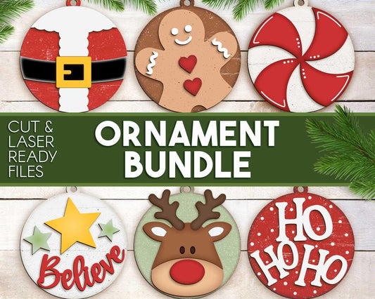 Christmas Ornament Bundle, Digital download, SVG laser cut file, Cricut, Santa gingerbread man reindeer design