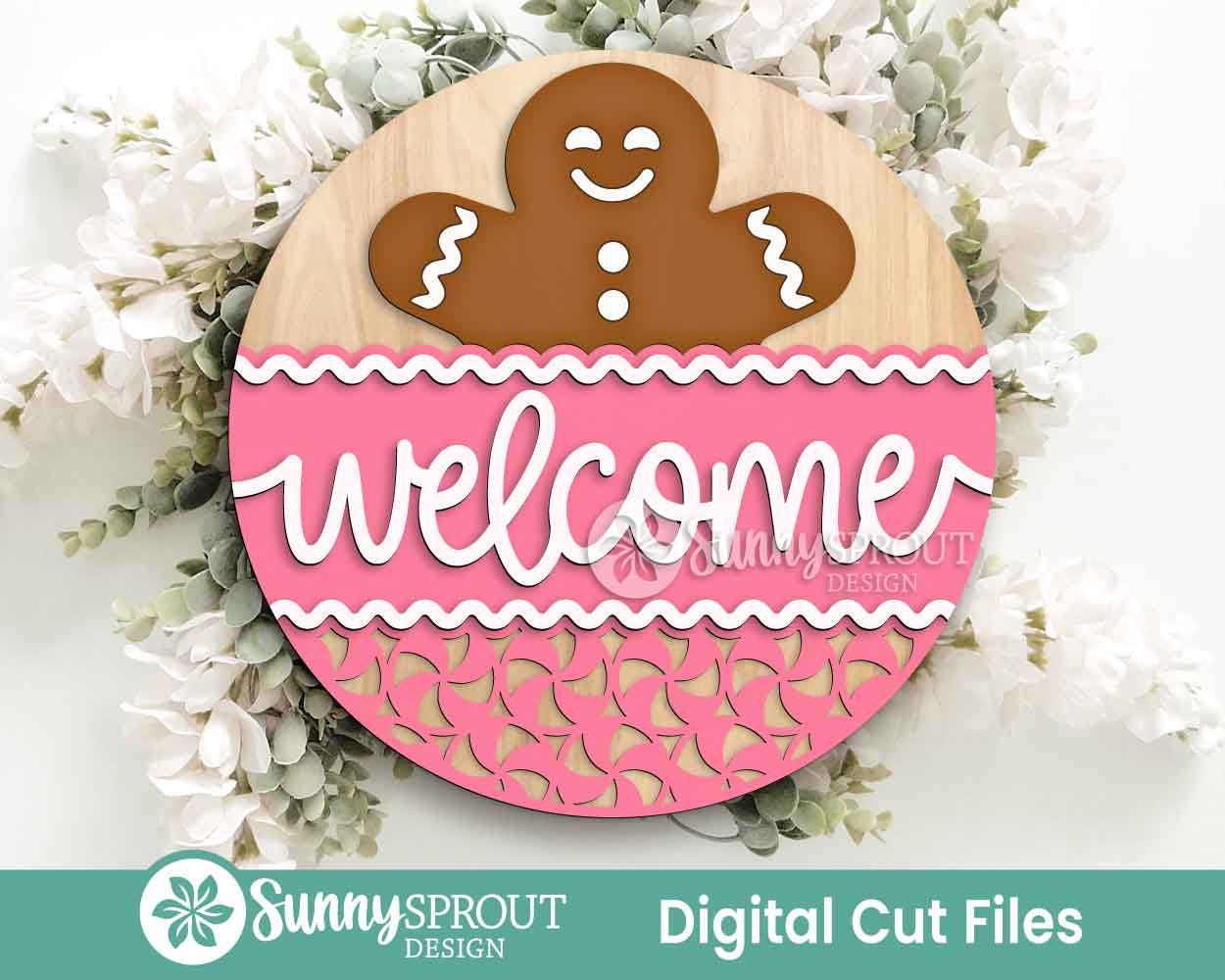 Welcome Gingerbread & Peppermint Sign, Digital Download, SVG Laser Cut File, Cricut, Round Door Hanger Design, Christmas Decor