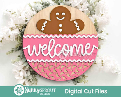 Welcome Gingerbread & Peppermint Sign, Digital Download, SVG Laser Cut File, Cricut, Round Door Hanger Design, Christmas Decor