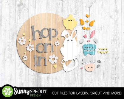 Hop On In Chick Bunny Lamb Sign, Digital download, SVG Laser cut file, Cricut, Round door hanger design, Spring Easter decor